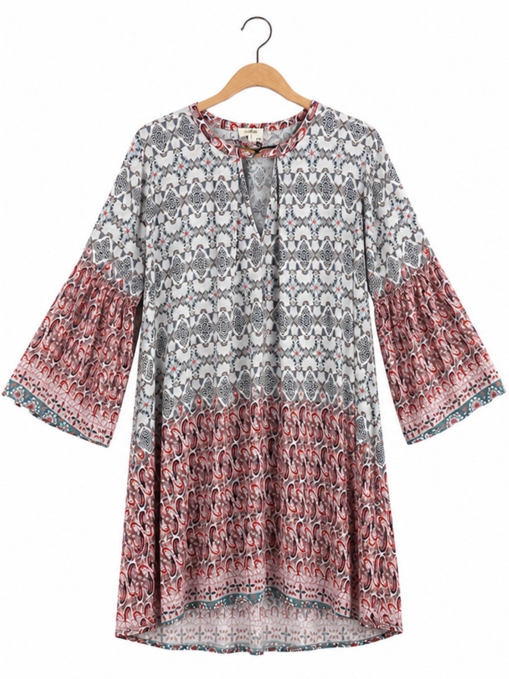 Umgee Boho Print Tunic Top Size Large Bell Sleeve Paisley High Low Hem Dress